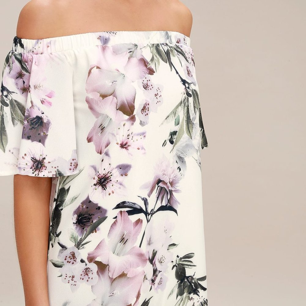 Lulus Shift Dress Small Ivory Floral Off-the-Shoulder Short Sleeve Women's - Picture 2 of 14